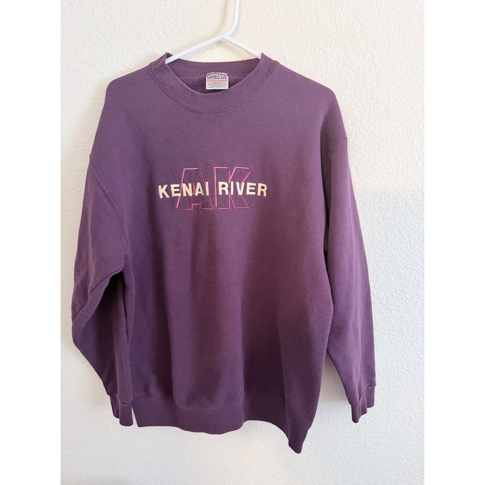Vintage Oneita Power Sweats Kenai River Alaska Crewneck Sweatshirt Purple Large